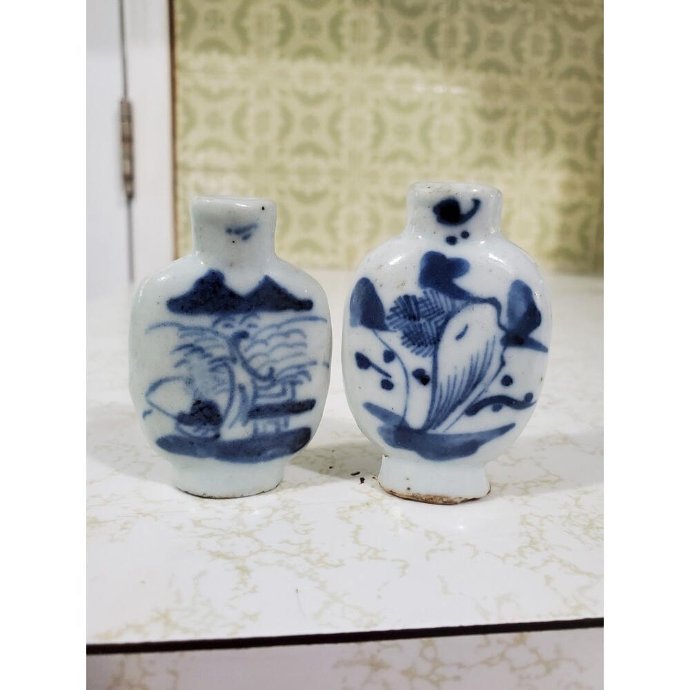 Late Qing Dynasty Blue & White Porcelain Snuff Bottles - Pair with Crane Design